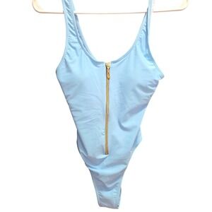Baby Blue One Piece Swimsuit Gold Zipper Front‎ Sleeveless Beach Party